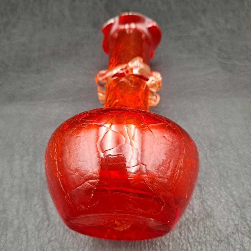 Vintage Ruby Red‎ Crackle Glass Bud Vase Ruffled Rim Rigaree Mid Century Modern